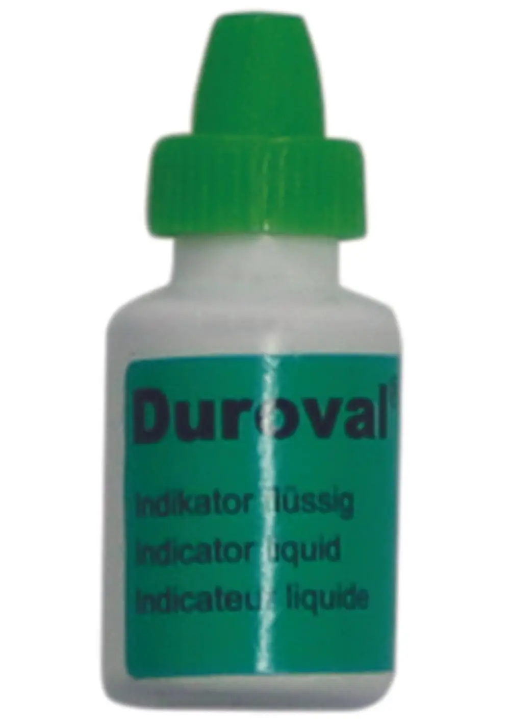 Flasche mit grünem Deckel, beschriftet mit "Duroval" und mehrsprachigen Hinweisen zu einem Indikator für Flüssigkeiten, hergestellt von Judo.